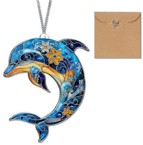Yoljun Dolphin Acrylic Suncatcher Ornament with Greeting Card, Dolphin Gifts Window Hangings Crystal Sun Catchers for Garden Decorative Function, for Home/Garden/Office