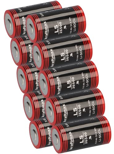10x Kraftmax Lithium 3,6V Batterie LiSOCl2 LS26500 C Zelle LS 26500 Baby Bobbin Primärzelle mit hoher Energiedichte AKKUman Set