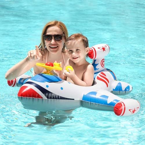 Swimbobo Toddler Pool Float with Seat Boat Inflatable Ride-on Airplane Baby Floatie for Kids Outdoor Toys(White Airplane)