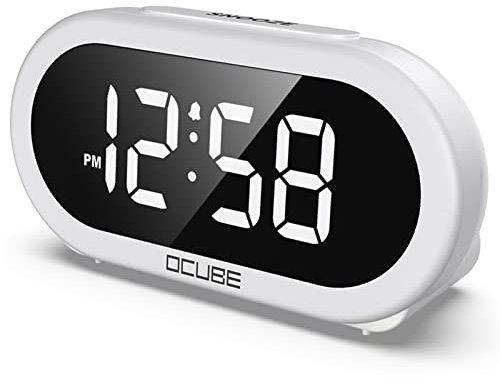 OCUBE LED Digital Alarm Clock with 5 Optional Alarm Sounds, USB Charging Port, Full-Range Brightness Dimmer, Big White Digit Display, Snooze, Adjustable Alarm Volume, Mains Powered
