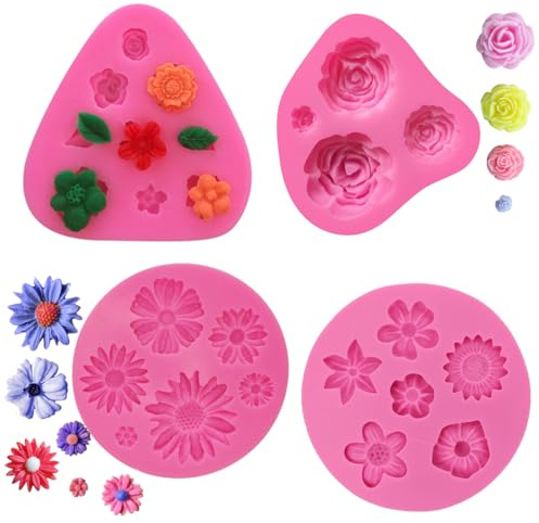 iSuperb 4 Stück Blumen Kuchen Fondant Formen,Silikon Backform,Flower Fondant Cake Molds für Kuchendekoration, Rosenblüten, für Seife, Süßigkeiten, Schokoladeneis (4 Pack)