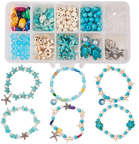 SUNNYCLUE 1 Box DIY 6 Stück Boho Muschelperlen Strand Charm Fußkettchen Bastelset Fußkette Sandalenperlen Fußkettchen Verstellbare Fußschmuckherstellung Mit Seestern Muschel Charms Türkisstein