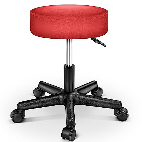 TRESKO Rollhocker höhenverstellbar Rot bis 150 kg | Hocker Drehhocker 10 cm Dicke Polsterung 47-60 cm Sitzhöhe | Arbeitshocker Bürohocker 360° drehbar mit Rollen