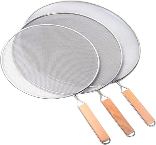 3 Pieces Grease Splatter Screen for Frying Pan, Splatter Guard Mesh Stainless Steel Grease Guard Shield for Kitchen Frying Pan Cooking Supplies Set of 9.44, 10.8 and 12.5 inch (Wood Handle)
