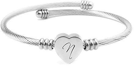 ShopINess Bracelet avec Initiale A-Z pour Femme Bracelet Cœur Argenté en Acier Inoxydable Bijou Ouvert Ajustable Cadeau pour Maman Fille Amie ou Partenaire