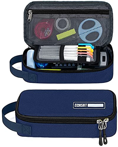 ECHSRT Large Pencil Case, Aesthetic Pen Pouch with Big Capacity, Minimalist Portable Stationery Bag with Handle for Office Organizer Blue Pencil Cases