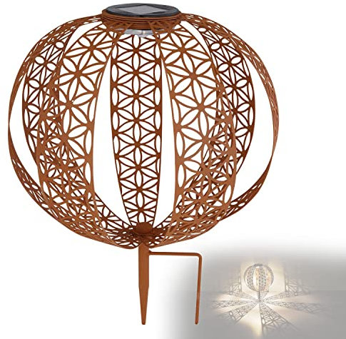 bmf-versand® Solarlampe für Außen Garten Kugel Rost Optik - Solarleuchte Balkon Erdspieß - Gartenlampe Durchmesser 30 cm - Außenleuchte LED Stehend - Gartendeko Solar Wetterfest - inkl Pflegetuch