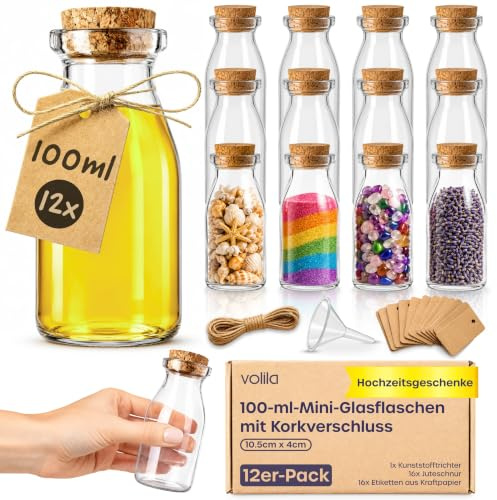 volila 12 Stück Mini Glasflaschen - 100ml Kleine Gläser mit Korken Geschenk Glasfläschchen für DIY Hochzeitsdeko, Vorratsglas
