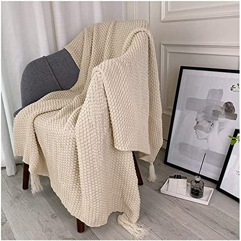 Weiche warme Strickdecken mit dekorativen Fransen, Strickdecke für Schlafzimmer Bett Sofa Wohnkultur (Beige, 51X 67)