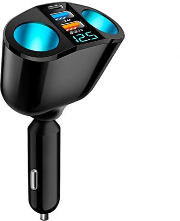 DONGKER 5-in-1 Auto Ladegerät Verteiler, Zigarettenanzünder Verteiler Adapter Splitter 12V/24V PD20W+QC3.0+2.4A KFZ Ladegerät 2 Fach Steckdose mit LED Voltmeter für Fahrzeuge, SUVs, Wohnmobile