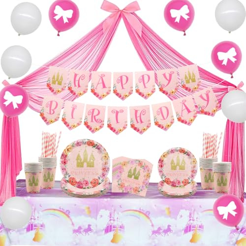 Prinzessinnen Party Dekorationen, Geburtstagszubehör für Mädchen, inklusive Tellergeschirr, Tüll, Banner, Luftballons, Tischdecke, für Mädchen, Prinzessinnen Babyparty Dekorationen für 20 Gäste