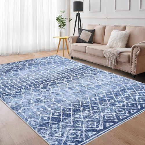 LuxFocus Alfombra Bohemia Lavable a Máquina, Antideslizante, Pelo Corto, Interior para Dormitorio, Salón, Marroquí, Plegable Azul, 120 x 170 cm