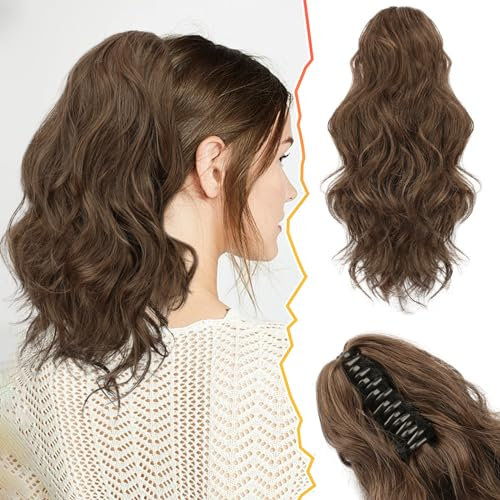 BARSDAR 35 CM Gewellt Pferdeschwanz Extension, Klaue Clip Pferdeschwanz Kurzes Lockig Pferdeschwanz Haarverlängerung Braun Haar Synthetik Clip Haarteil für Damen Tägliche Party(Braun & Auburn)