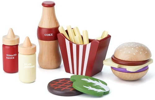 Toywoo Wooden Play Food for Kids Pretend Hamburger Set Fast Food ToyPlay Kitchen Accessories for Toddlers Toy Food Gift for Boys Girls Educational Toys