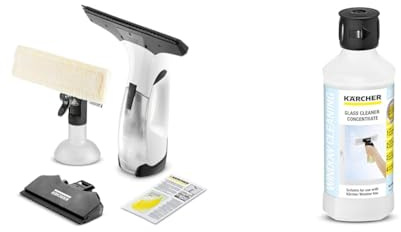 Bundle of Kärcher Window Vac WV 2 Plus N, Battery Running Time: 35 min, LED Display for Battery Status, 2 Suction Nozzles, Spray Bottle with Microfibre Cloth+ Kärcher Window Cleaner Concentrate RM 500