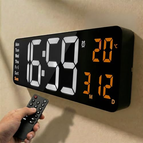 Opis Technology Clock 1 XXL Digitale LED Wanduhr Retro 41 cm, Weiß-Orange | Große leuchtende Ziffern mit Temperatur, Doppelwecker und Fernbedienung. Für Wohnzimmer oder Büro.