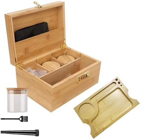 HAMON Grande scatola di bambù con serratura a combinazione, set di scatole portaoggetti in legno, con contenitore in vetro e vassoio, regalo per uomini (26 x 18 x 13 cm)