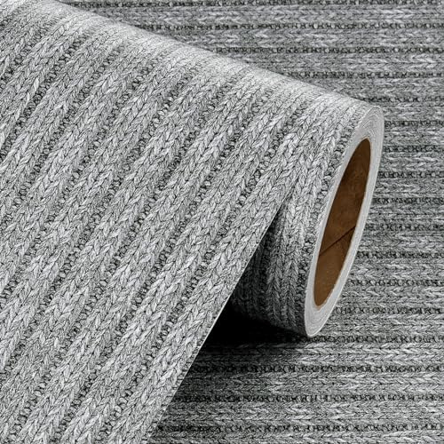 Livelynine Grey Fabric Wallpaper Peel and Stick for Bedroom Living Room prepasted Linen Striped Wall Paper for Bathroom Waterproof Contact Paper for Kitchen cabinets Furniture Vinyl wrap 15.8 X 78.8