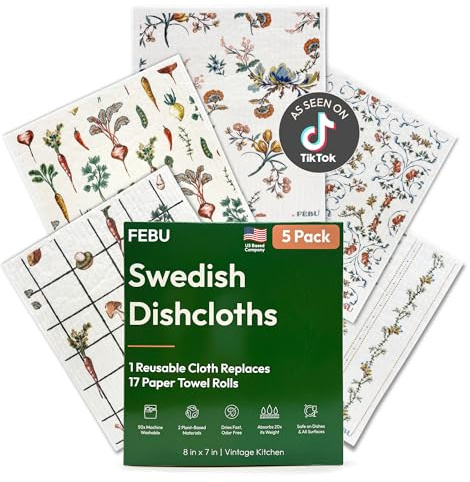 FEBU Swedish Dishcloths for Kitchen | 5 Pack Vintage Kitchen Reusable Paper Towels Washable | Swedish Dish Towels | Non-Scratch Cellulose Sponge Cloths | No Odor, Biodegradable Cleaning Cloths | Reusable Paper Towels Washable, Non-Scratch Cellulose Sponge Cloths, No Odor, Biodegradable