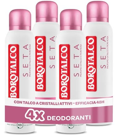 Borotalco, Deodorante Spray Seta, con Talco a Cristalli Attivi, Tripla Protezione Asciutta, Senza Alcool, Profumo di Talco eFiori Rosa, 48h efficacia - 4 Pezzi da 150 ml - Esclusiva Amazon