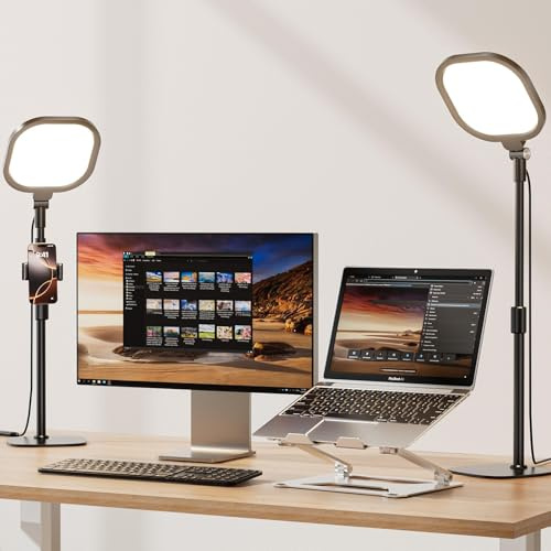 2 Stücks Ringlicht mit Ständer, Schreibtischlampe für Videokonferenz | 30 Lichtmodi Tageslichtlampe für Live-Streaming, Augenschutz Bürolampe für Home-Office, Tiktok, CRI 97.8, Energieklasse A