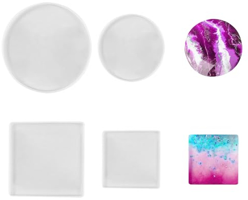 MisFun 4 Stück Untersetzer, DIY Silikonform, Rund Quadrat Epoxidharz, Tablett Harzformen, Epoxid Formen für Resin Art Teetablett Obsttablett