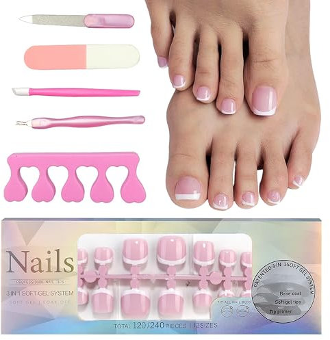 MrCuvaryas Set di 120 unghie finte per piedi, 12 misure, unghie finte, da incollare, copertura completa in acrilico, punte per unghie artificiali, per donne e nail art, fai da te (rosa francese, 120