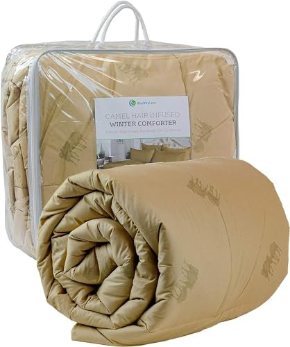 HealthyLine Camel Hair Winter Down Alternative Comforter - Natural Breathable Wool Blanket | Cotton, 233TC, 300 GSM - Duvet Insert with Corner Tabs, Khaki, Queens Size: 86″ x 86″