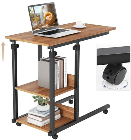 Dripex Mesa Escritorio Pequeña, 80 x 40 cm, Altura Ajustable En 68-89 cm, con Ruedas, Mesa Auxiliar para Salón Dormitorio Balcón y Oficina en Casa, Nogal
