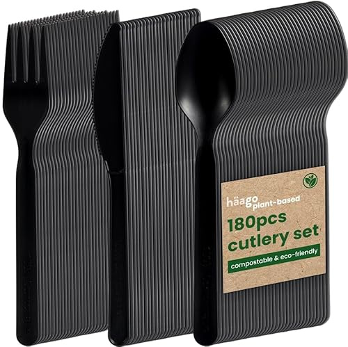 HAAGO - Juego de 180 Cubiertos de PLA Biodegradables Compostables (60 Cuchillos, 60 Tenedores, 60 Cucharas, Negro) - Ecológicos Ideal para Catering y Bodas - Materiales 100% Naturales
