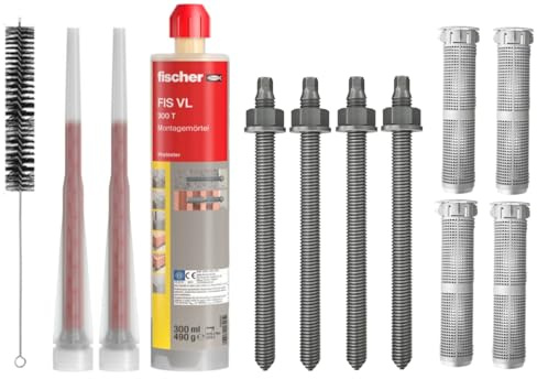 Schwerlastbefestigung SET M12x180mm EDELSTAHL A4 - FISCHER Montagemörtel VL300 T + 4 Gewindestangen + 4 Siebhülsen 20x130mm + Zylinderbürste/Klebeanker Ankerstangen