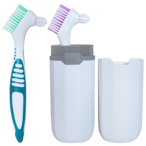 NUTLET 2Pcs Denture Brush False Teeth Toothbrush with 1 White Carrying Case, Effective Denture Cleaning Brush with Multi-Layered Soft Bristles,Green and Purple