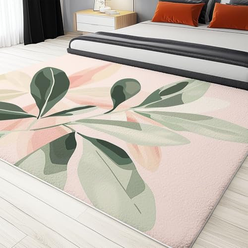 Bedruckt Pflanze grüne Blätter Flanell Rosa Teppich rutschfeste Türmatte Kunst Dekoration Spielteppich Geburtstag Geschenk Leicht zu reinigen und zu pflegen 180 x 250 cm