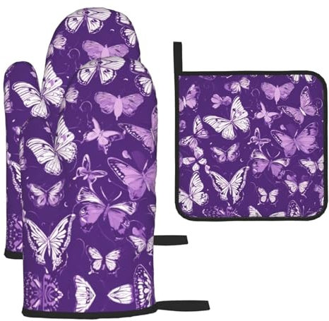 Purple Butterflies Floral Print Oven Mitts and Pot Holders Set,Cooking Mitts,Cooking Mitts and Pot Holders,Oven Gloves Set