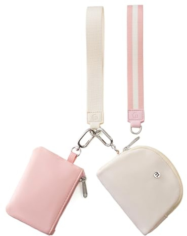Mini Dual Pouch Wristlet Wallet for Women – Zip Around wristlet Keychain Wallet with 2 Wristlets, Ideal for Dog Walking, Coffee Runs & Lunch Break Essentials (Beige+Pink)