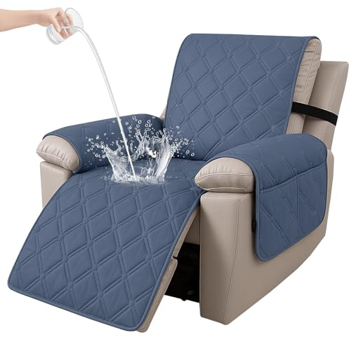 Ystyle Copripoltrona 1 Posto Relax Reclinabile, 100% Impermeabile Copri Poltrona con Braccioli, Copripoltrone con Fascia Elastica, Copridivano Reclinabile, Blu Grigio