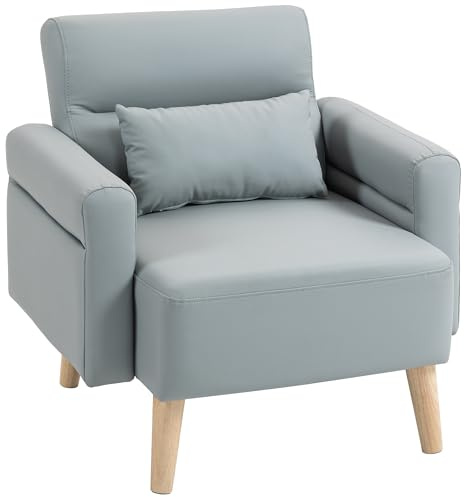 HOMCOM Sofá de 1 Plaza Tapizado en Cuero Sintético Sofá de Salón de 77 cm con Reposabrazos Acolchado Grueso Respaldo Acanalado y Patas de Madera para Dormitorio Sala de Estar Gris