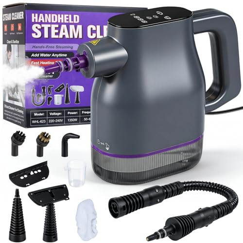 1350W Handheld Steam Cleaner, 15s Rapid Heat-up Portable Steam Cleaners 130℃ Hand Held Steam Cleaner with 400ml, 9 Accessories 9.8ft Cable Cord Cleaning Steamer Safety Lock for Home Car Floors Windows