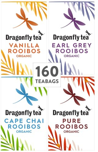 Dragonfly Rooibos Tea Selection Box (160 Teabags 4x40), Gift Set, Organic Bags, Rooibos, Vanilla, Cape Chai, Earl Grey, Naturally Flavoured Compostable Teabag Selection, Great Gift Idea