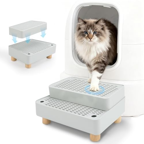 Midollarle Elevated Cat Ramp for Litter Box, 2-Step Litter Trapper, Grey | Cat Steps for Litter Box, 4.7/6.7-in Heights, Detachable Steps, Non-slip Wooden Base, Waterproof ABS, Kittens and Senior Cats
