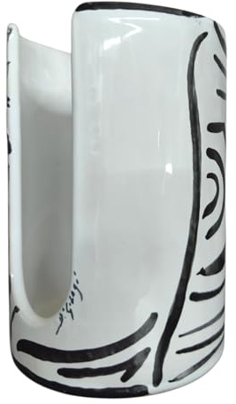 Generico Portabicchieri di Carta in Ceramica Dipinto a Mano, Bianco con Decori Neri, 14cm x 9,5cm Peso 435 Grammi