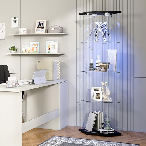 BLSYHDH Vitrinskap i glas med LED, Vitrinskap för samling med 1 dörr 4 genomskinliga hyllor, glasvetskapsutställning glas statiskt skåp för vardagsrum bar (LED-B (pentagon), svart)