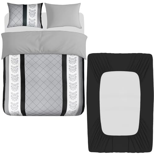 Lazzaro 4 Pcs Super King Duvet Set with Matching Black Super King Fitted Sheet 40 cm Extra Deep Pocket - Premium Microfibre Reversible Quilt Cover Bedding Set For All Seasons