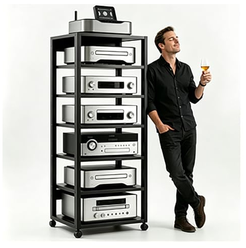 Höhenverstellbarem Regal 5/7 Lagige HiFi Rack, Universalrädern Audio-Audio-Speicherregal Verstärker-Rack Mit Ablagen, Wohnzimmer Plattenspielerständer mit Stauraum(Schwarz,7tier)