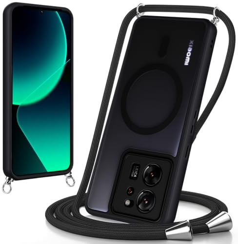 Coiwxmoi Funda Magnética para Xiaomi 13T/13T Pro con Correa, Mate Duro Trasera Carcasa con Control de Cámara, TPU Suave Silicona Case con Ajustable Collar de Cuello Cadena, Negro