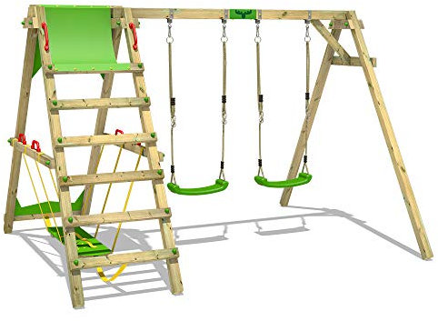 FATMOOSE Kinderschaukel Schaukelgestell JollyJade Wave XXL - Doppelschaukel mit Kletteranbau, Schaukelgerüst, Holzschaukel für Kinder im Garten