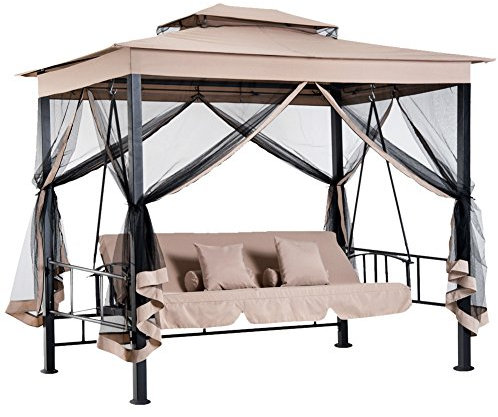 BAKAJI Gazebo Parasole da Giardino con Dondolo Letto e Zanzariere 3 posti, Modello Extra-Lusso Cleopatra, Amaca Altalena Trasformabile in Letto Matrimoniale, Colore Beige