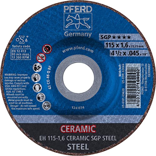 PFERD 4-1/2 x .045 x 7/8 Type 27 Ceramic SGP Steel Cut-Off Wheel – Ceramic Oxide Metal Cutting Disc for Steel, 13,300 RPM Max, Depressed Center Grinder Wheel (1 Pack) – Part 63639