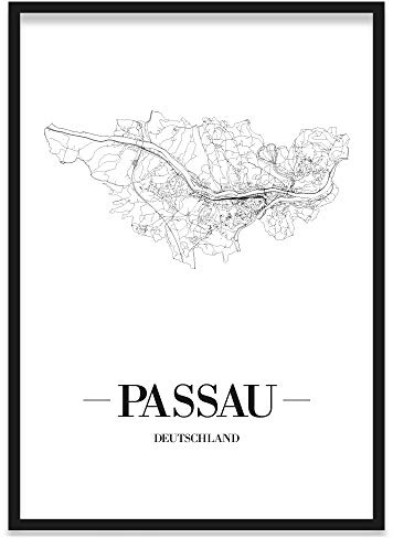 JUNIWORDS Stadtposter, Passau, Wähle eine Größe, 21 x 30 cm, Poster mit Rahmen, Schrift A, Weiß