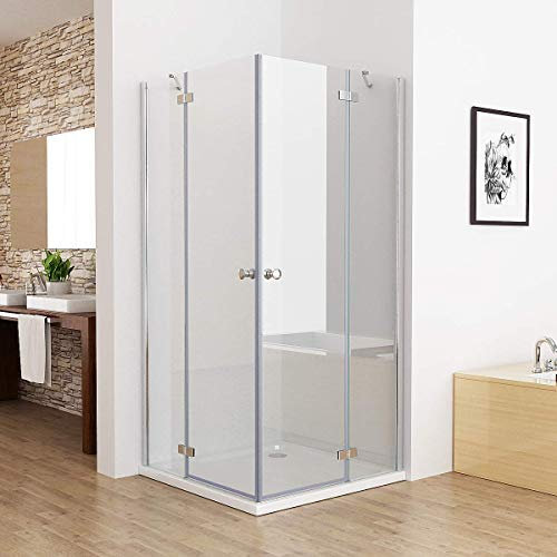 MIQU Duschkabine Eckeinstieg 90x80 cm Schwingtür Duschwand mit Doppel Scharnier Duschtür Pendeltür mit Festteil ESG Glas komplett Dusche Duschabtrennung Höhe 195cm, ohne Duschwanne